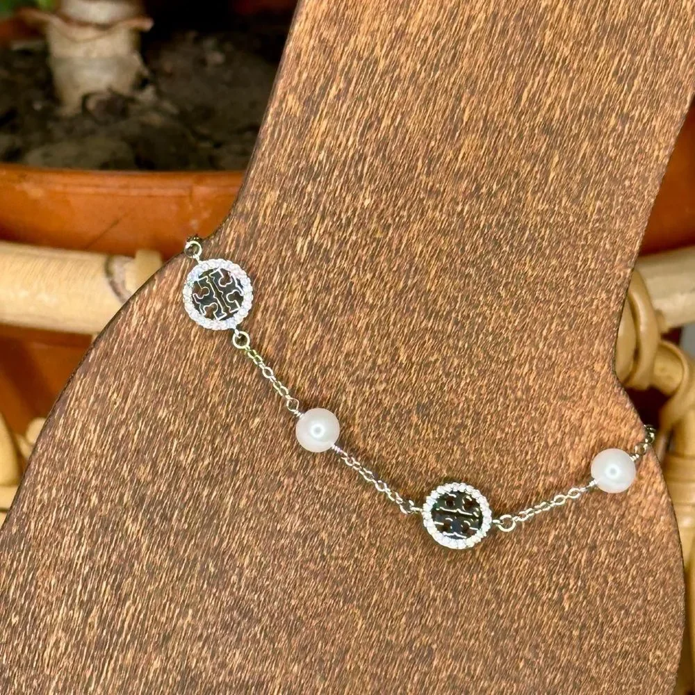 Tory Burch Crystal Logo & Pearl Station Bracelet Silver-Tone 7” Jewelry - Picture 2 of 9